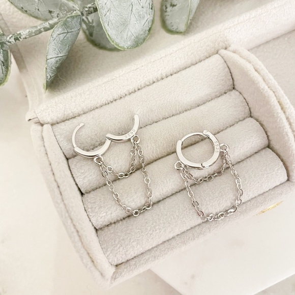 925 Sterling Silver Huggie Earrings Dangle Chain Earrings Small Hoops Huggies - Picture 6 of 6